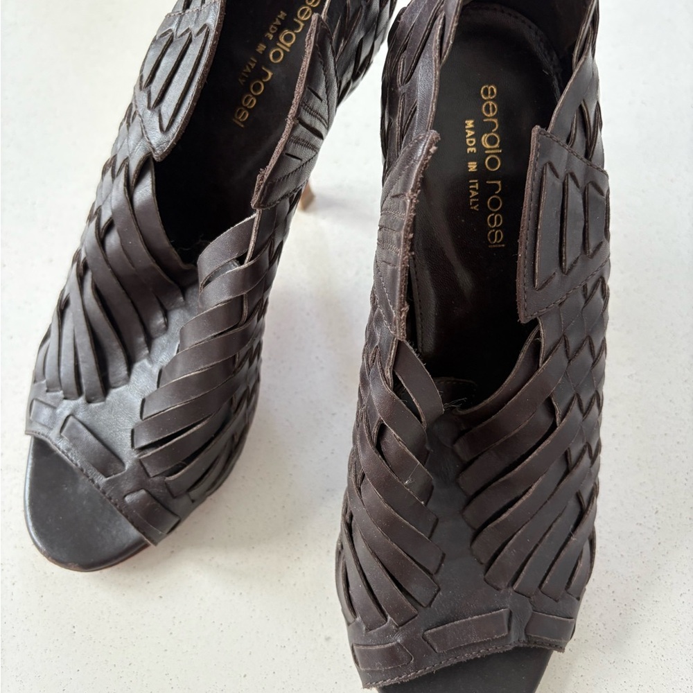 Sergio Rossi Women's Brown Woven Leather 4” Heels